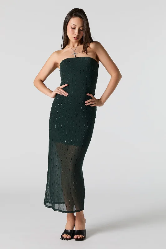 Rhinestone Mesh Strapless Midi Dress