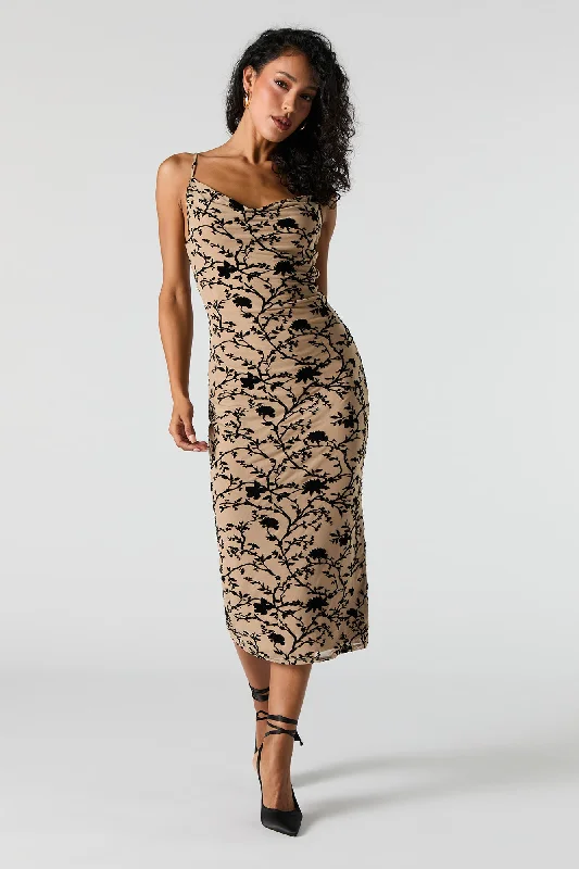 Floral Mesh Cowl Neck Midi Dress