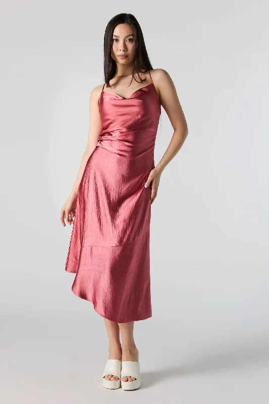 Satin Cowl Neck Asymmetrical Midi Dress