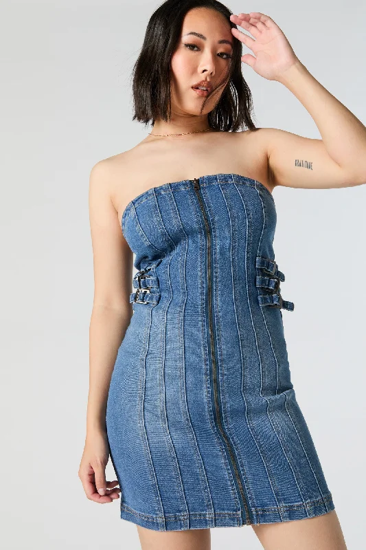 Denim Zip-Up Mini Tube Dress