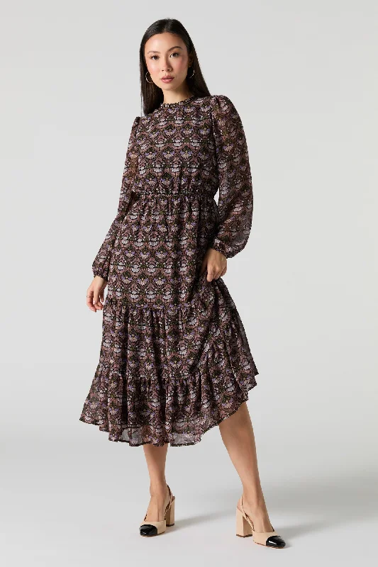 Floral Chiffon Long Sleeve Tiered Midi Dress