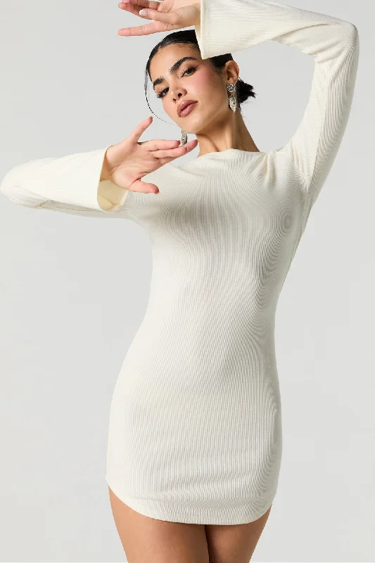 Ribbed Curved Hem Long Sleeve Mini Dress