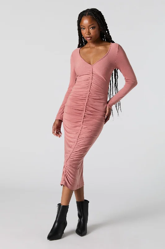 Ruched V-Neck Long Sleeve Midi Dress