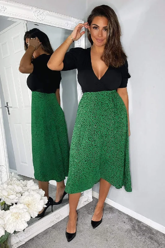 Abbie Green and Black 2 in 1 Wrap Style Midi Dress