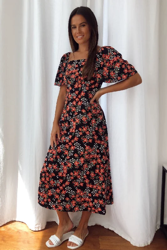 Amy Red Floral Print Angel Sleeve Midi Dress