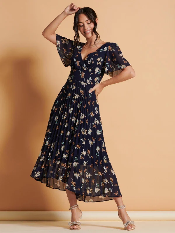 Angel Sleeve Pleated Chiffon Maxi Dress, Navy Floral