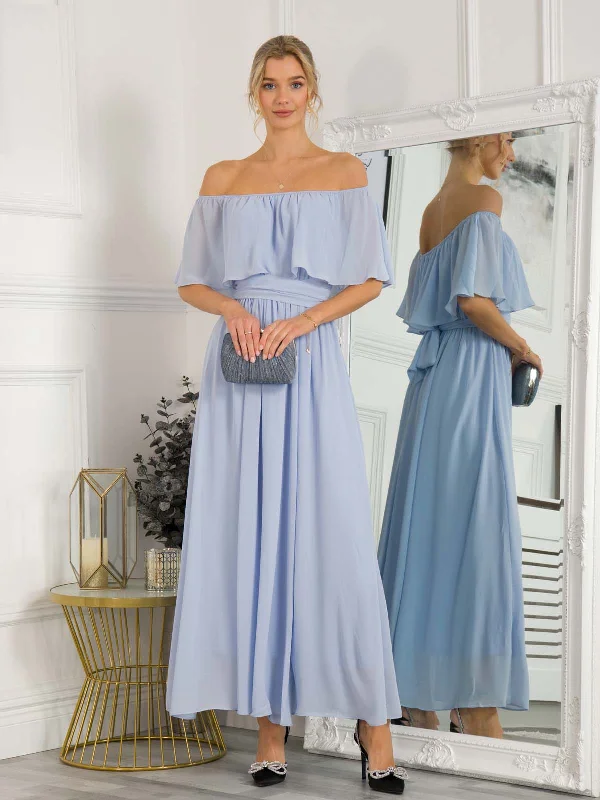 Off Shoulder Maxi Chiffon Dress, Light Blue