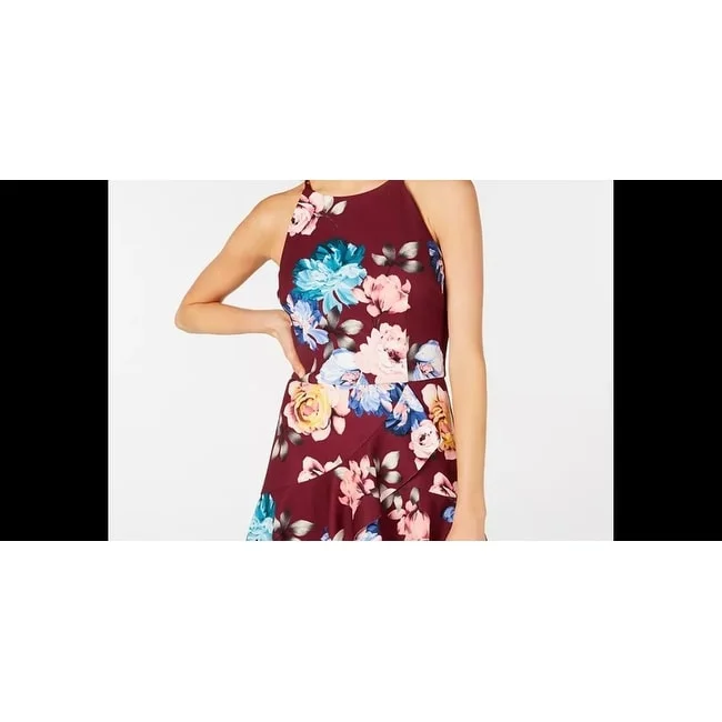 Bcx Women's Burgundy Zippered Floral Sleeveless Halter Mini Fit + Flare Dress Marron Size 13