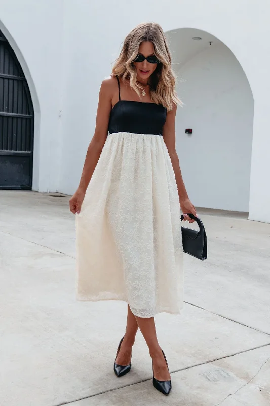 Black and Cream Floral Textured Midi Dress