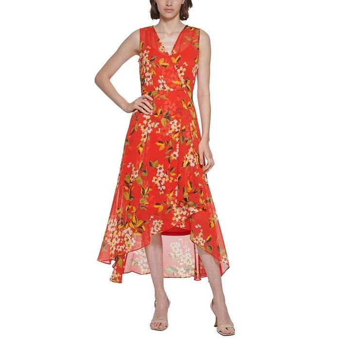 Calvin Klein Women's Printed Surplice Midi Dress Red Size 12