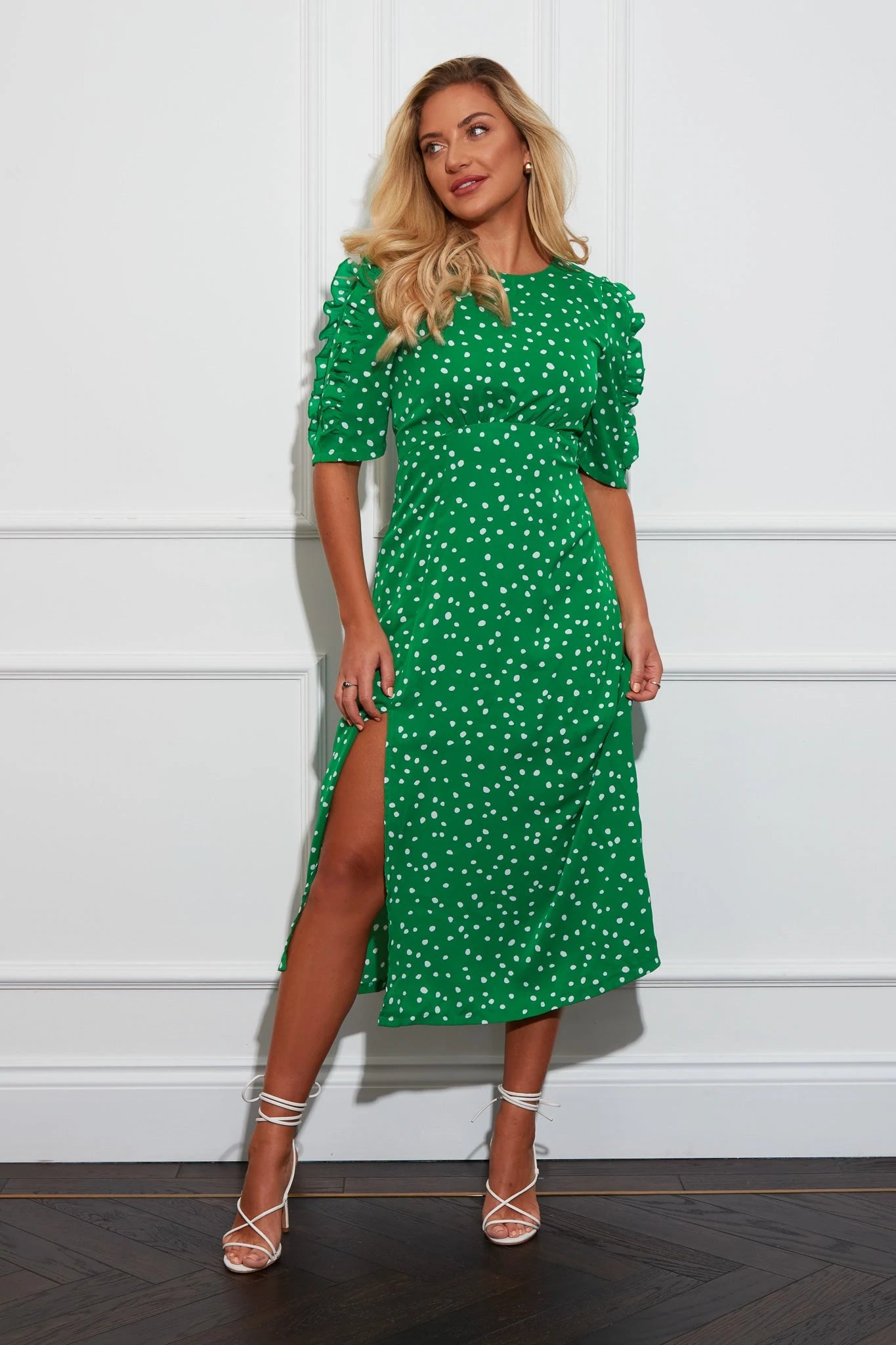 Carly Green Polka Dot Frill Sleeve Midi Dress