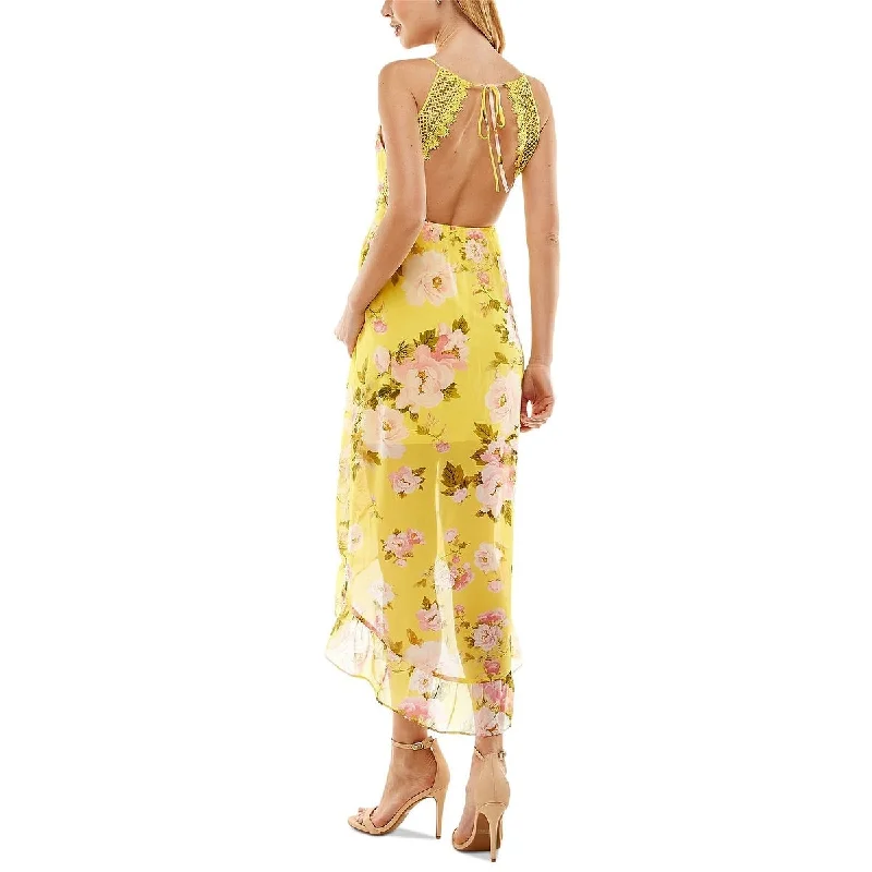 City Studios Junior's Floral Print Empire Waist Midi Dress Yellow Size Medium