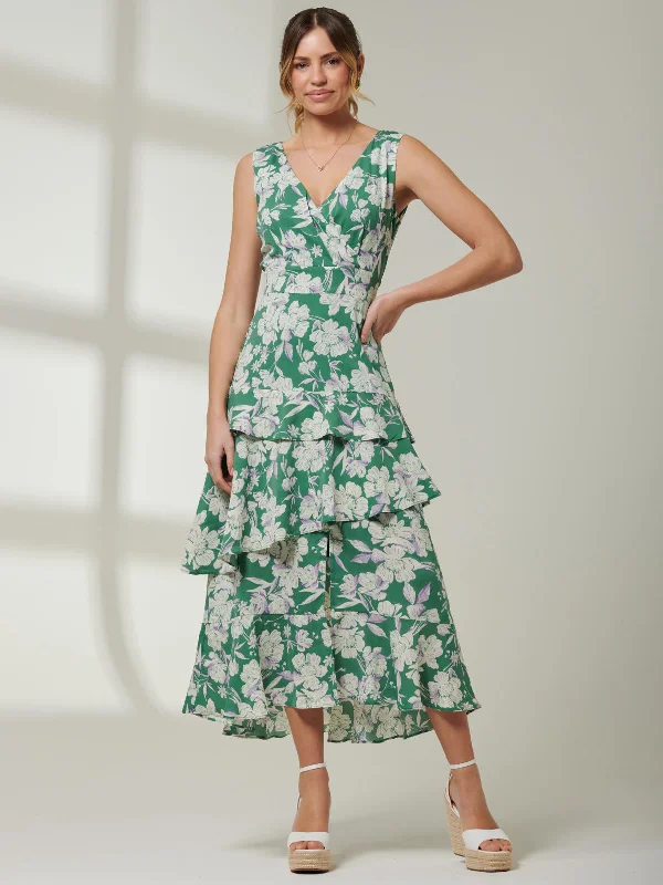 Della Crepe Frill Hem Maxi Dress, Green Floral