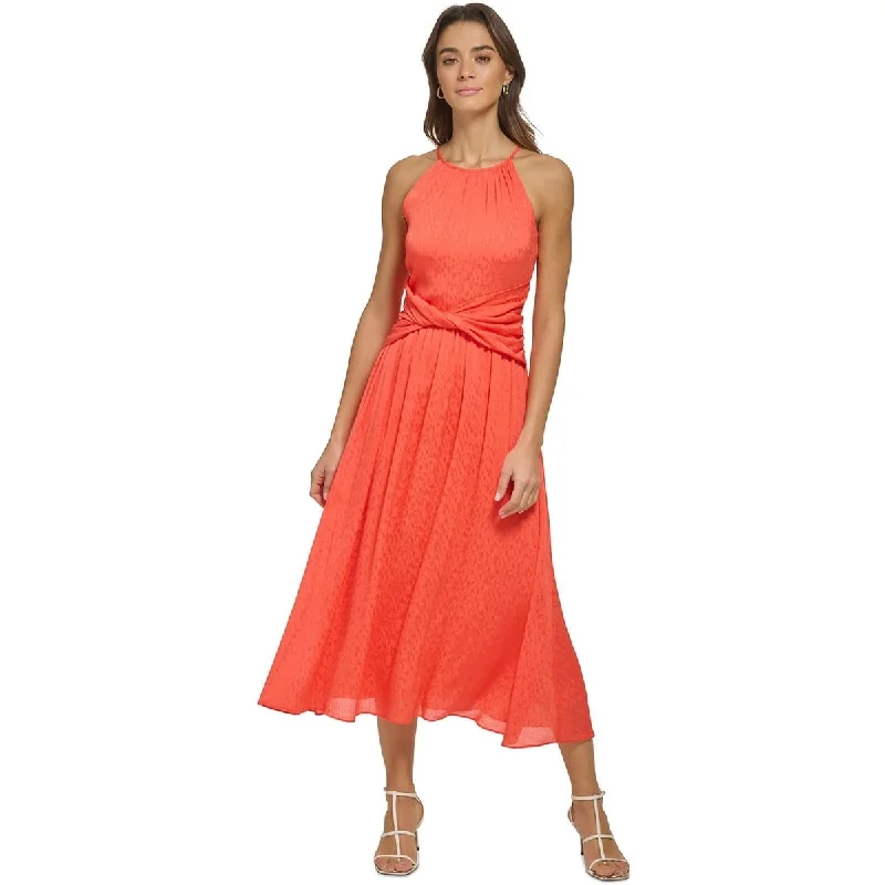 Dkny Women's Halter Neck Twist Waist Sleeveless Midi Dress Orange Size 12