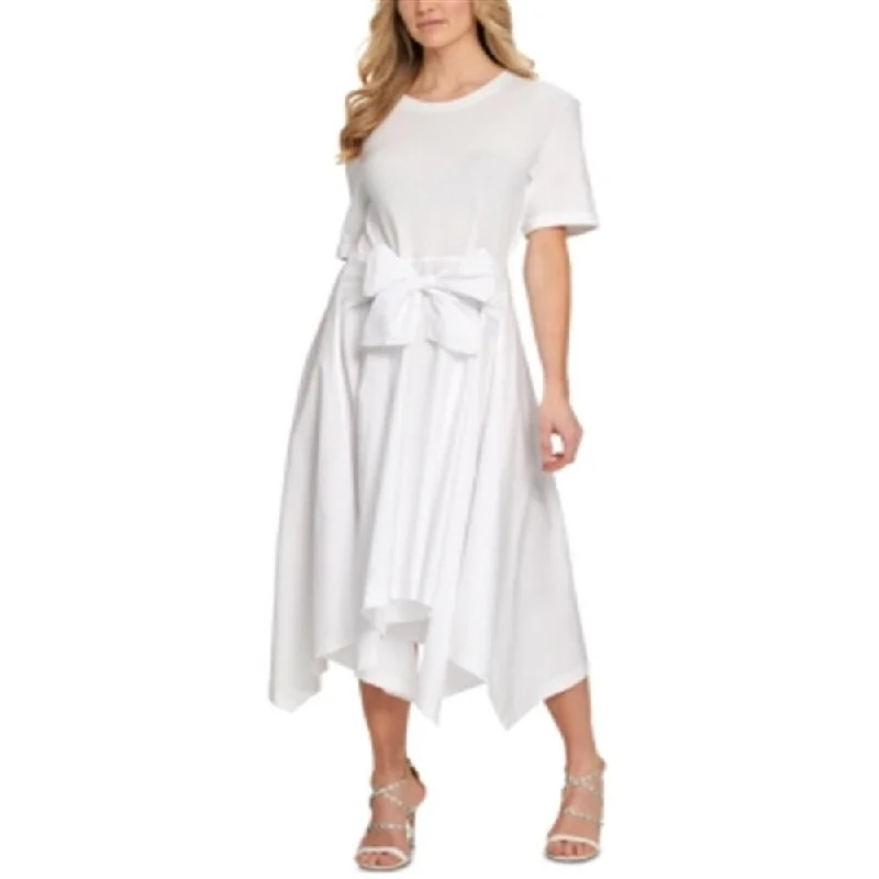 DKNY Women's Mixed Media Asymmetrical Hem Midi Dress White Size Medium