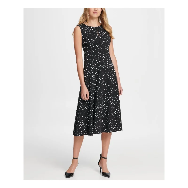 Dkny Women's Polka Dot Sleeveless Jewel Neck Midi Shift Dress Black Size 2