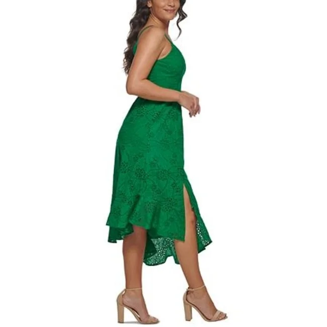 Guess Women's Cotton Eyelet Asymmetric Midi Dress Green Size 8