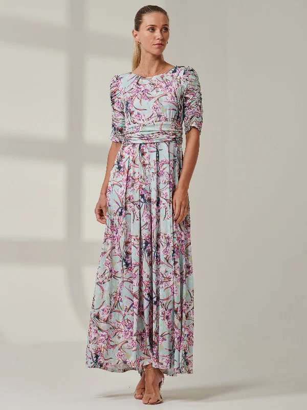 Half Sleeve Jersey Maxi Dress, Aqua Floral