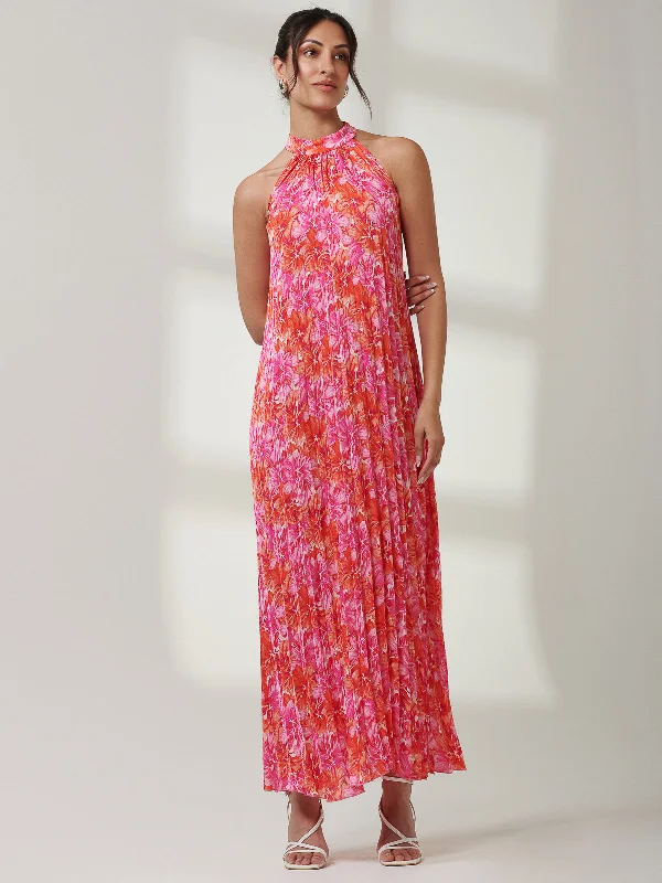 Halter Neck Pleated Maxi Dress, Pink Multi