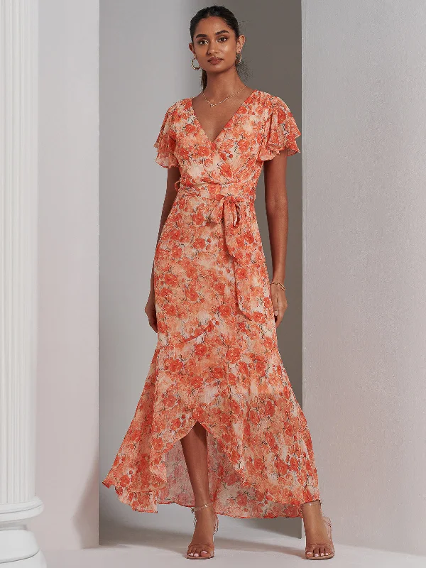 Haylie Frill Chiffon Maxi Dress, Orange Multi