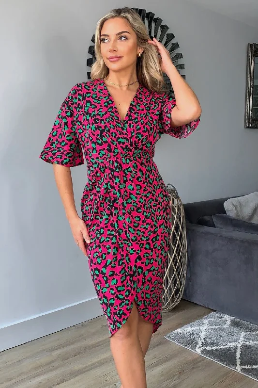 Jacqui Pink Leopard Wrap Detailed Midi Dress