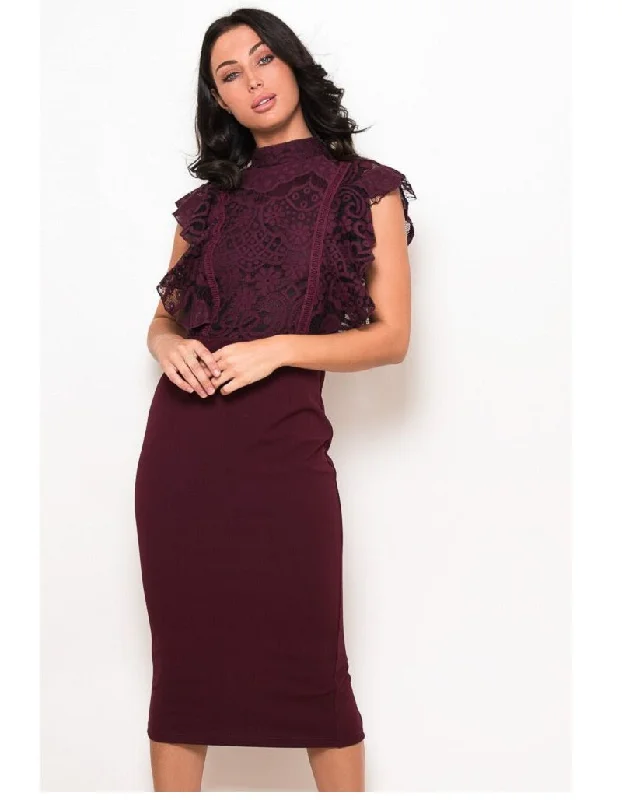 Jane Wine Lace Frilled Top Midi Dress