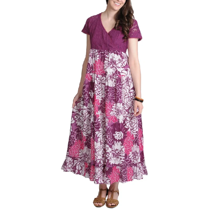 La Cera Women's Purple Lace and Floral Two-Tone V-Neck Maxi Dress