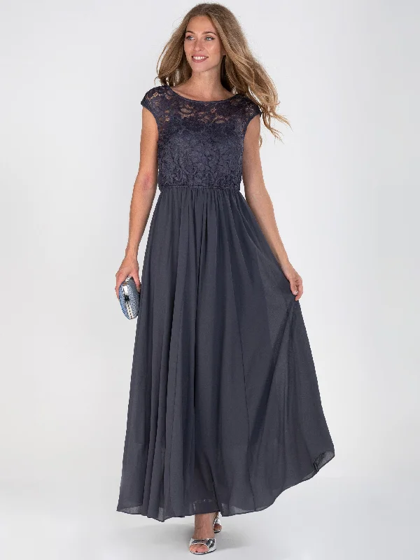 Lace Bodice Chiffon Maxi Bridesmaid Dress, Dark Grey