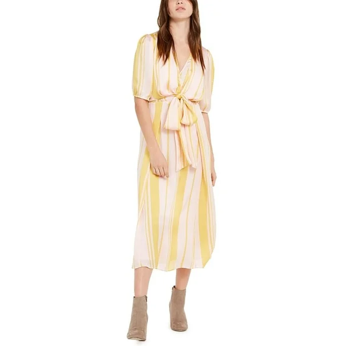 Leyden Women's Sheath Stripe Tie Front MIDI Dress Yellow Size Large