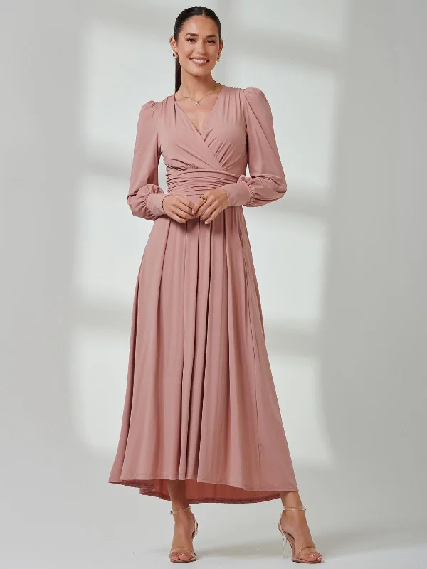 Long Sleeve Soft Silky Jersey Maxi Dress, Dusty Pink