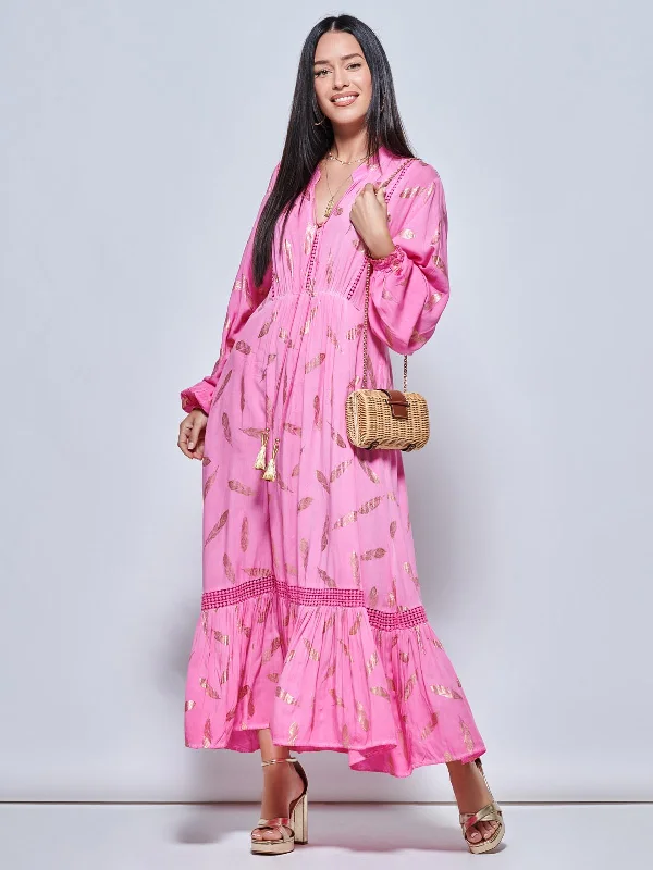 Long Sleeved Lace Trim Holiday Maxi Dress, Pink Multi