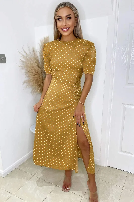 Louisa Mustard Polka Dot Ruched Short Sleeve Midi Dress