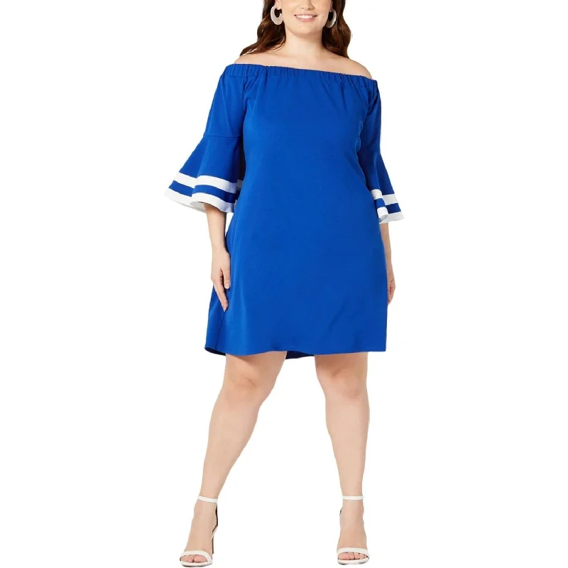 Love Squared Women's Bell Sleeve Off Shoulder Mini Shift Dress Blue Size 2X