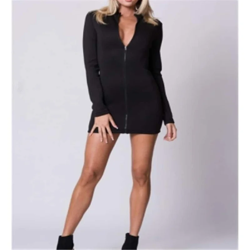 Lux La Women's Long Sleeve Front Zipper Scuba Mini Dress Black Size SM