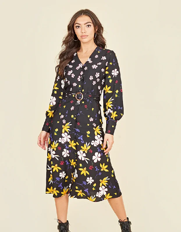 Lydia Multi Floral Button Front Belted Midi Dress