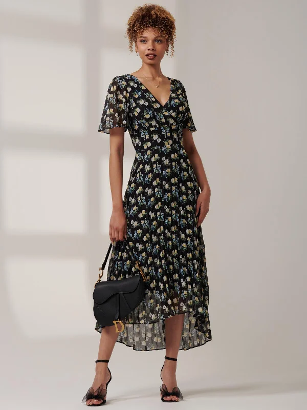 Meagan V-Neck Chiffon Maxi Dress, Black Floral