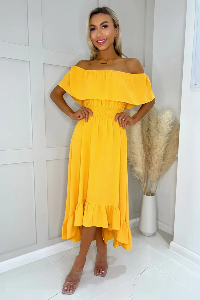 Ola Yellow Bardot Style Midi Dress