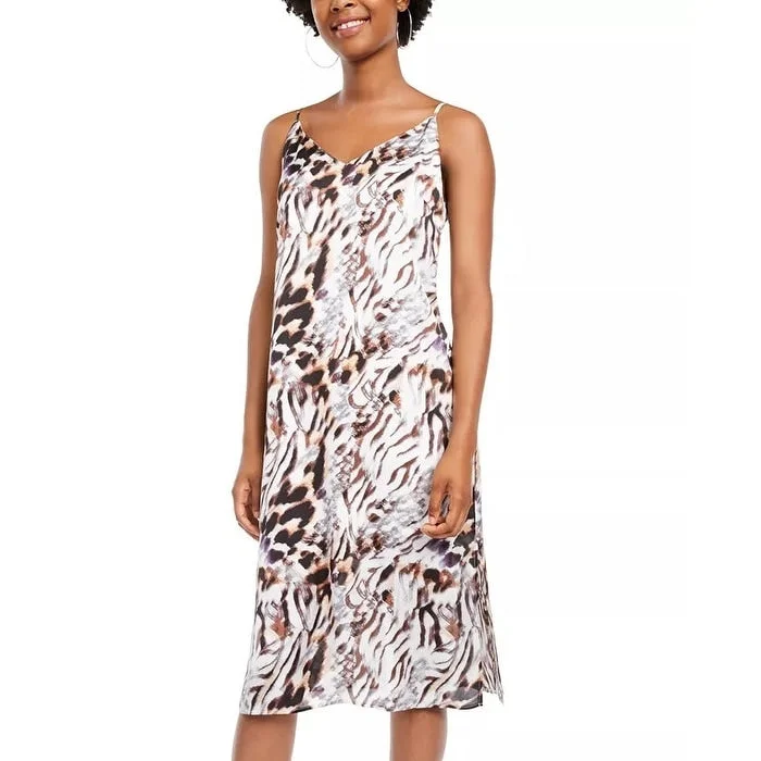 One Clothing Women's Animal Print Spaghetti Strap V Neck Midi Shift Party Dress White Size X-Small