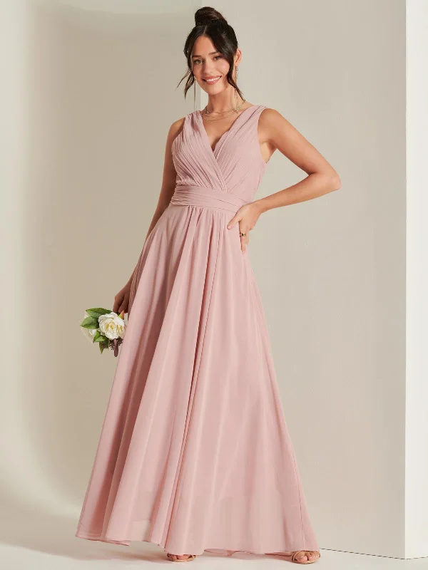 Pleated Bodice Chiffon Maxi Dress, Mauve Pink