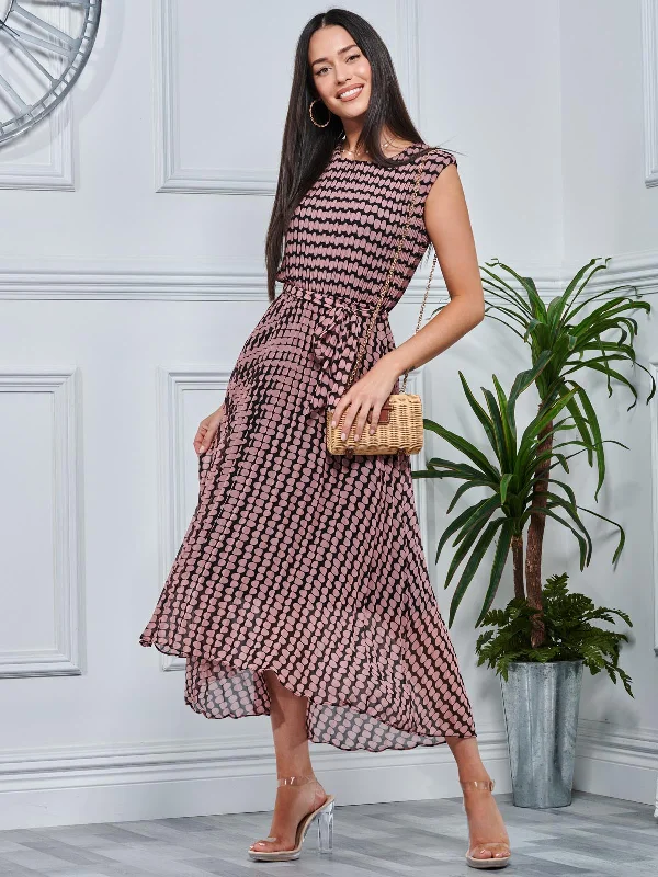 Pleated Chiffon High-Low Maxi Dress, Pink Geo