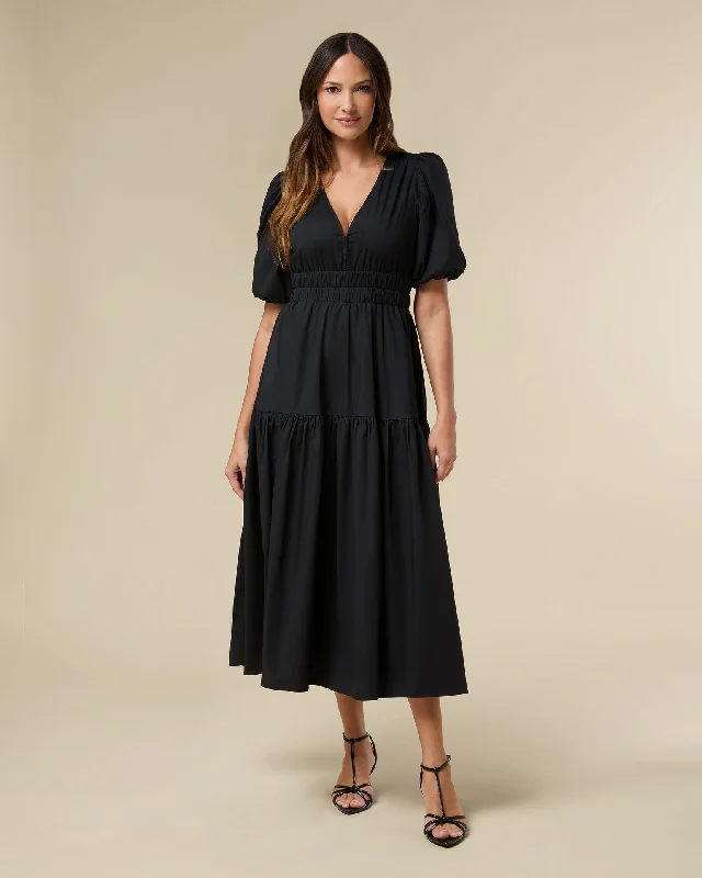 Puff Sleeve V-neck Poplin Midi Dress