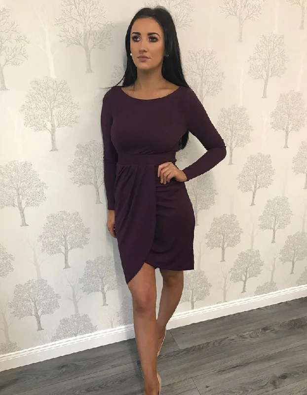 Purple Long Sleeve Wrap Midi Dress