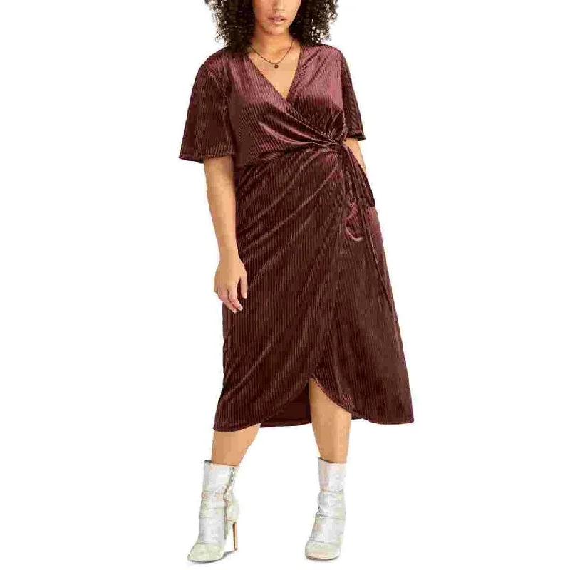 Rachel Roy Women's Velvet Short Sleeve V Neck Midi Wrap Dress Wear To Work Dress Burgundy Size 0X