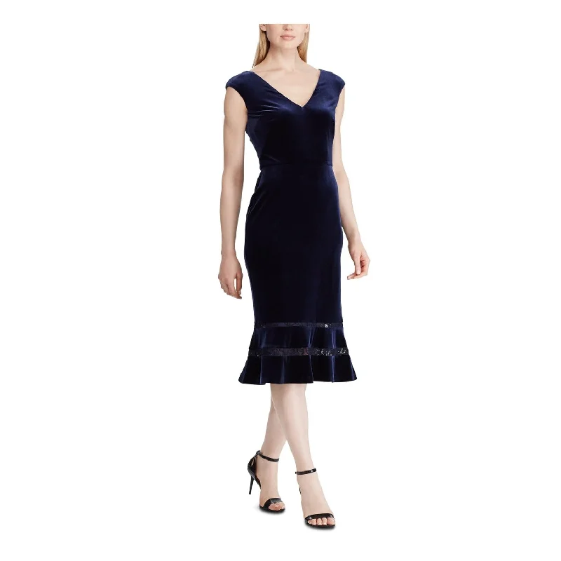 Ralph Lauren Women's Cap Sleeve V Neck MIDI Sheath Evening Dress Blue Size 10