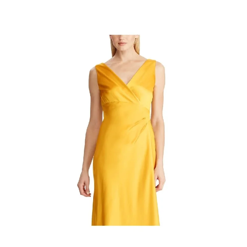 Ralph Lauren Women's Gold Sleeveless V Neck Maxi Evening Shift Dress Yellow Size 10