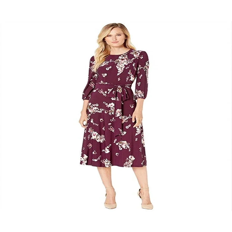 Ralph Lauren Women's Passion Plum & Blush Floral Peasant Sleeve Midi Dress Purple Size 0