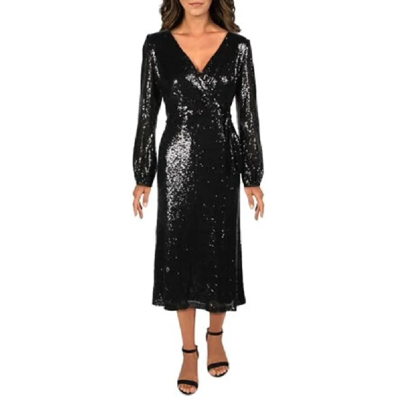 Ralph Lauren Women's Rebekah Sequined Faux Wrap Midi Dress Black Size 10