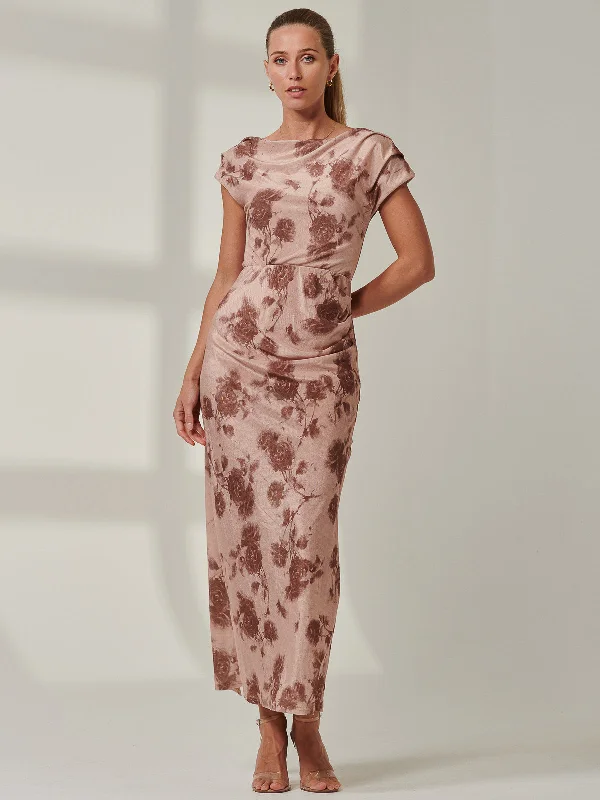 Sample Sale - Round Neck Maxi Dress, Brown Floral