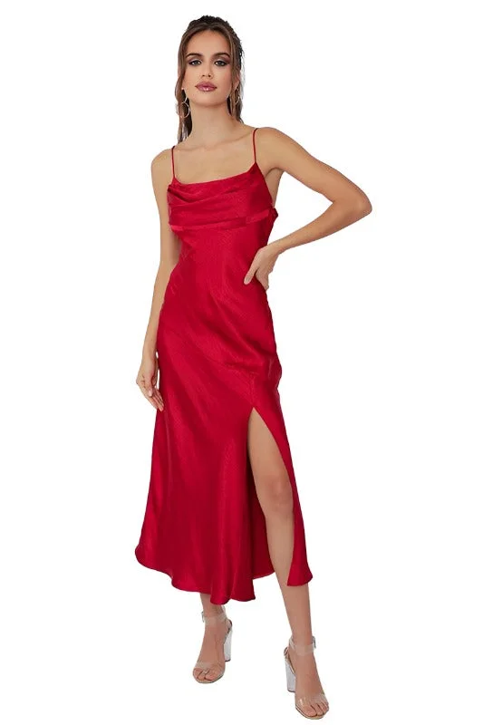 Satin Side Slit Midi Dress