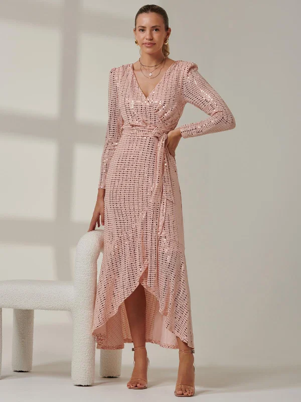 Sparkly Glitter Wrap Flare Maxi Dress, Dusty Pink